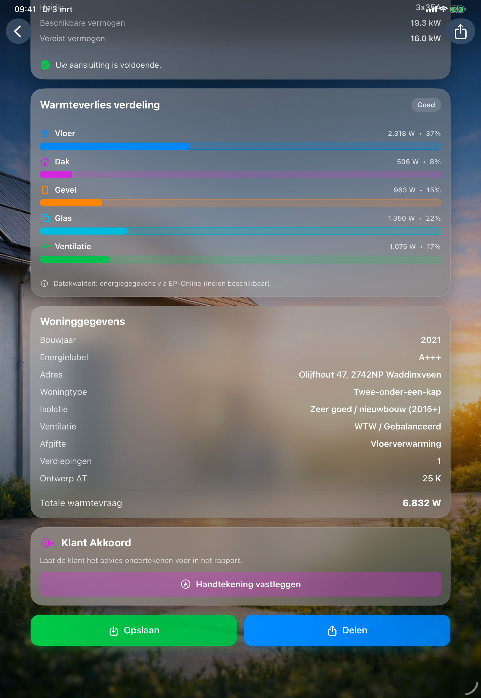 Resultaatscherm met warmtepomp matching en financieel overzicht