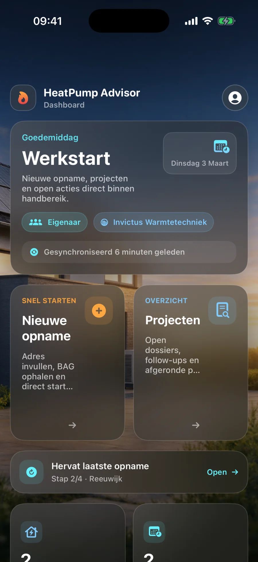 HeatPump Advisor dashboard met werkstart overzicht