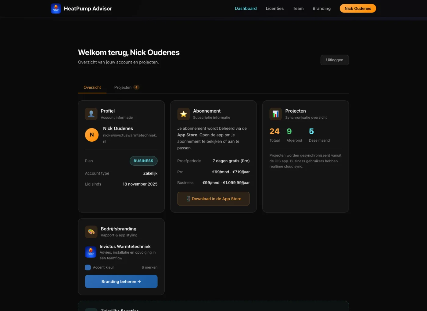 HeatPump Advisor webdashboard overzicht